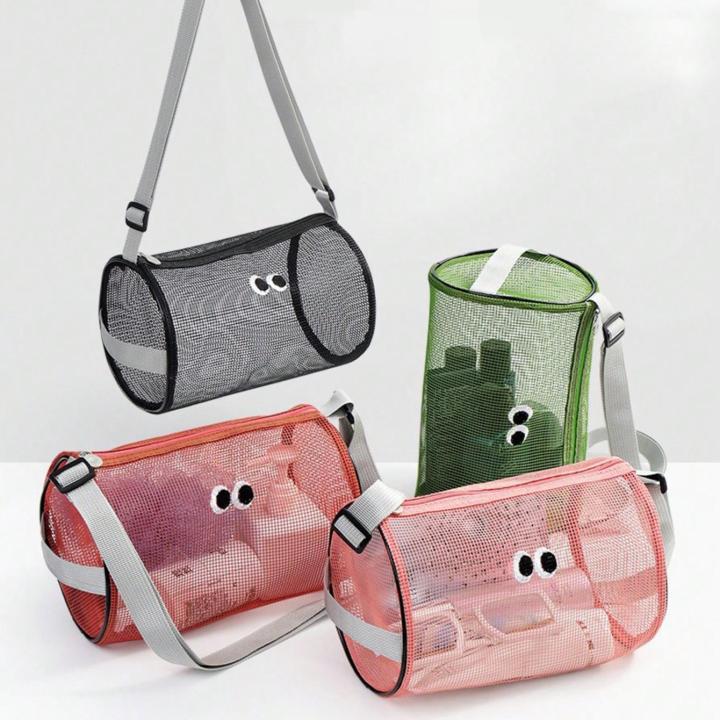 New women's mesh single shoulder bag large capacity cylindrical handbag daily makeup storage bag