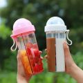 420/600ml Double Drinking Bottle Cute Girl Student Outdoor Double Straw Cup with Handle Portable Plastic Water Bottle. 
