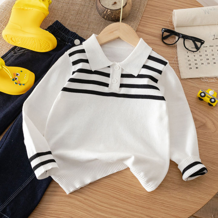 1-piece set of boys' and boys' college style lapel striped thin sweater knitted sweater suitable for school daily leisure in aut