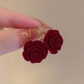 High end retro wine red rose earrings, elegant women's ear buckles, fashionable accessories.