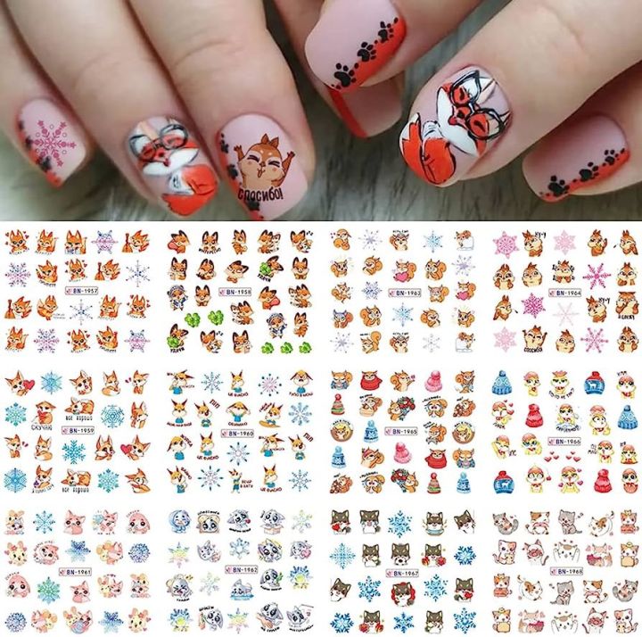 12 Pcs Nail Art Stickers Cute Animals Squirrel Cat Snowflake Nail Art Water Decals Transfer Nail Supplies for Decorations