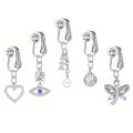5Pcs Rhinestone Heart Butterfly Dangle Non Piercing Stainless Steel Navel Clips,Fake Belly Button Rings,  Navel Jewelry For Men. 