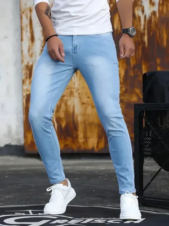 Man Classic Style Pants Light Blue Stretch Jeans Zipper Casual Slim Fit Trousers Male Pencil Pants Denim Skinny Jeans Men Brand