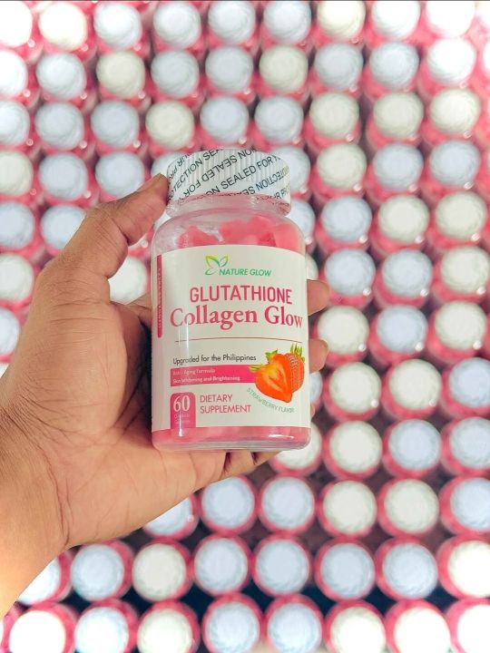Nature Glow Glutathione Collagen Gummies Anti-Aging Whitening Skin Glow Collagen Vitamins Strawberry Flavor Gummy, 60 Organic Chewable Gummies