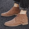 Fashion Brown Chelsea Boots Men British Style High Top Suede Leather Shoes For Men Lace-up Pointed Toe Design Men's Ankle Boot.