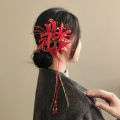 Retro Red Spider Lily Tassel Hair Clip Fabric Flower Hairpin Bride Hairwear Countryside Style Hair Accessories. 