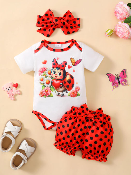 0-24Months Infant Girl Cute Summer Outfits Short Sleeved Ladybug Romper+Polka Dot Shorts+Headband 3PCS Cute Toddler Clothing Set