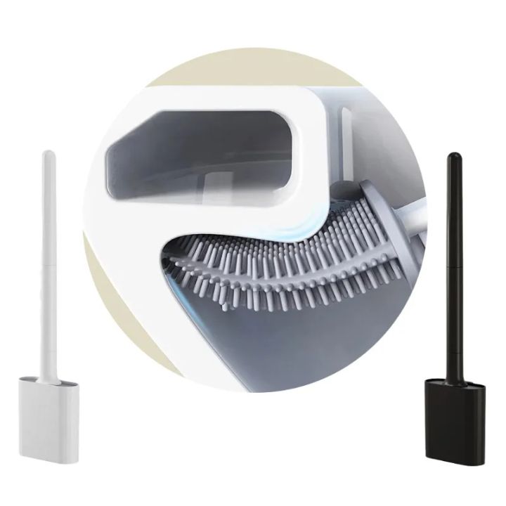 Black Silicone Toilet Brush with 360° Flexible Head & Quick-Dry Holder - Long Handle for Deep Cleaning Small Bathrooms/RV Anti