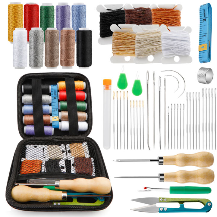 KRABALL 59 Pcs Leather Sewing Kit Repair Stitching Tool Set with Sewing Thread Curved Needles Awl Bobbin Thimble Scissor