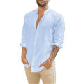 Cotton Linen Hot Sale Men's Long-Sleeved Shirts Summer Solid Color Stand-Up Collar Casual Beach Style Plus Size. 