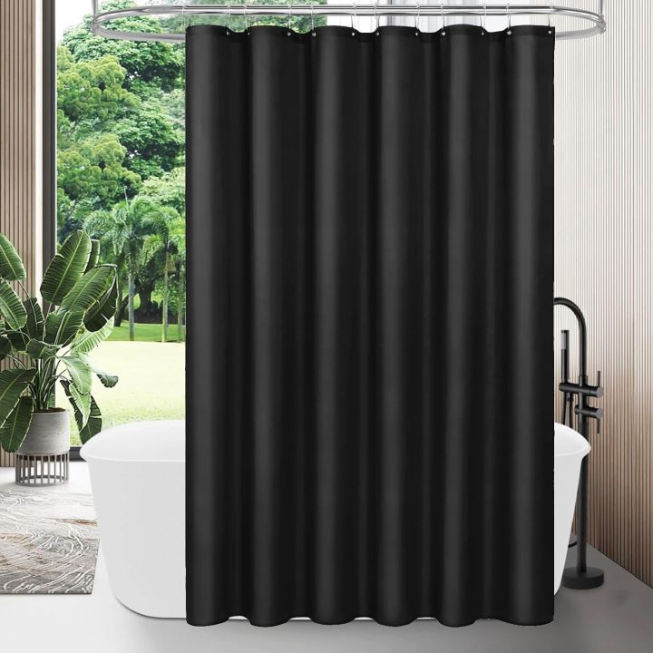 1PC black fabric shower curtain liner, modern bathroom simple shower curtain or liner, tarp and machine washable, 12 plastic hoo