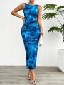 Women's 2024 Spring Summer New Fashionable Printed Round Neck Style Slimming Sleeveless Tight Dress With Split Bottom. 
