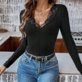 Triangle Onesie Women European and American Fashion With Lace Edge Deep V-neck Long Sleeve Slim Mid-length Base T-shirt. 