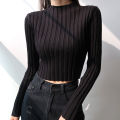 American Retro Stand Collar Solid Color Simple Slim Fit Fashion Short Knitted Long-sleeved Sweater. 