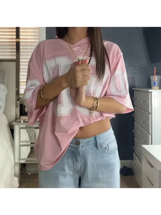 Summer%20Women'S%20Football%20Jersey%20Tshirt%20V-Neck%20Mesh%20Fashionable%20Streetwear%203d%20Printing%20%20Versatile%20Outfit%20Y2k%20Trendy%20Casual%20Top%20-%20Image%202