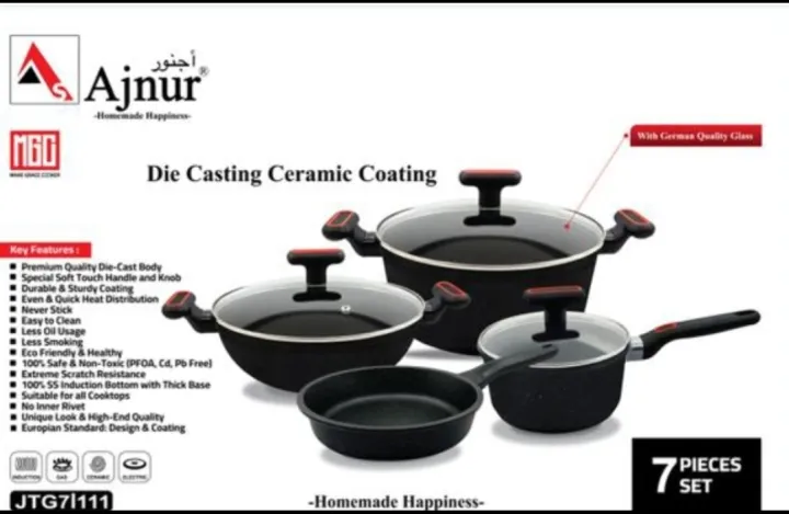 MGC/ Prestiege 7 Pcs Cookware Set For Superior Release -1Pc Casserol, 1Pc Fry pan, 1Pc Karai, 1Pc Milk pan and 3 lids Gift And Home Use
