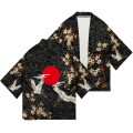 Summer Asian Traditional Costume Men Crane Printed Japanese Kimono Cardigan Harajuku Yukata Dark Style Black Haori Shirt Jacket. 