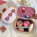 1Pc Strawberry Embroidery Makeup Bag with Checkered Lining Portable Cosmetic Pouch Cute /Korean Style Embroidered Bag for Travel. 