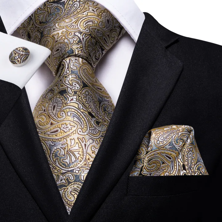 Yellow%20Brown%20Paisley%20Tie%20For%20Men%20Men's%20Tie%20Clip%20%20Luxury%20Necktie%20Hanky%20Cufflinks%20Brooch%20Set%20Formal%20Wedding%20Party%20Business%20-%20Image%203