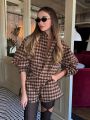 Cozy Grid Pattern Women Shorts Sets Lapel Long Sleeve Loose Single Breasted Ruffle Tops High Waist Pants New Fashion Outerwear.