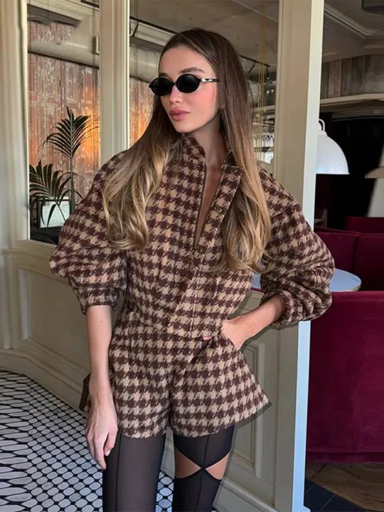 Cozy%20Grid%20Pattern%20Women%20Shorts%20Sets%20Lapel%20Long%20Sleeve%20Loose%20Single%20Breasted%20Ruffle%20Tops%20High%20Waist%20Pants%20New%20Fashion%20Outerwear%20-%20Image%205