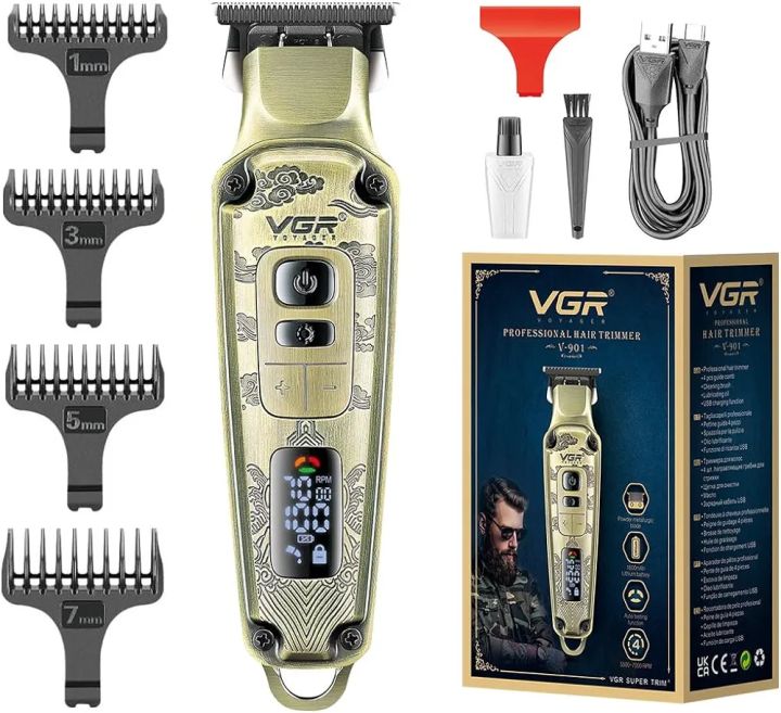 VGR Premium Metal Housing Hair Clipper LED Display, powder metallurgic Blade 5500-7000 RPM 4 Speed motor auto testing button USB charging 4 adjustable Taper Lever 4 Guide combs Runtime 240 min, V-901
