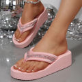 Pink Crystal Flower Wedge Heels Flip Flops Women Platform Clip Toe Beach Sandals Woman 2026 Fashion Plus Size 36-42 EVA Slippers. 