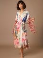 Beach Kimono for Women Peocock Printed Swimsuit Cover Up Self Belted Wrap Dresses Seaside Bathing Suits Beachwear.