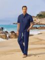 Summer men's cotton and linen set casual Henley shirt short sleeved+loose straight leg pants solid color two-piece set.
