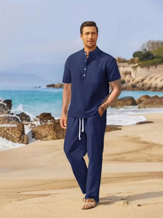 Summer%20men's%20cotton%20and%20linen%20set%20casual%20Henley%20shirt%20short%20sleeved+loose%20straight%20leg%20pants%20solid%20color%20two-piece%20set%20-%20Image%204