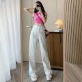 Fashion Artistic Lightweight Women Trendy Wide-legged Pants Simple Style Solid High-Waist Design Suitable Casual White Trousers. 