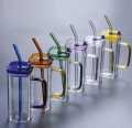 Random Color 400ml Square Glass Mug With Handle, Straw & Lid, Drinking Glass, Adorable Glass Cups with Lids and Straw, Glass Tumbler Coffee Cup Coffee Mug. 