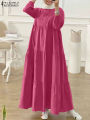 ZANZEA Autumn Women Long Vestidos Muslim Fashion O Neck Islamic Hijab Casual Loose Maxi Dress Tiered Long Sleeve Abaya Robes.