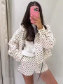 Fashion Polka Dot Shorts Sets For Women 2026 Spring Drawstring Bomber Jacket High Waist Shorts 2 Pieces Set Woman Outfits.