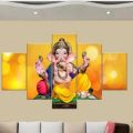 5 Piece Panel Ganesh Light Wall Hang God Canvas Art with Frame. 