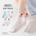 5 Pairs Girls Summer Socks Thin Cotton Breathable Mesh Cute Pink Cat Flower White Cotton Student Socks for Kids.