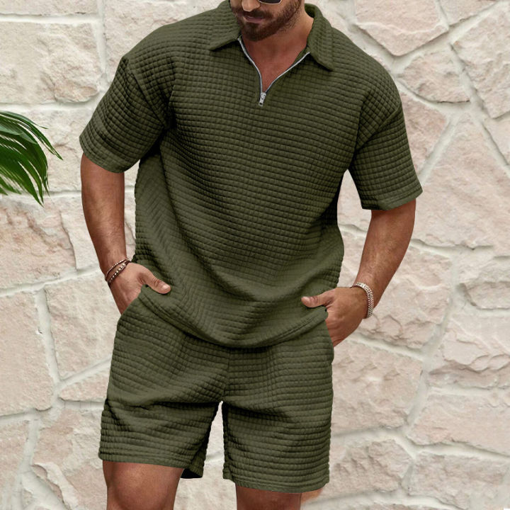 2024European and American Men's Spring and Summer Trends Youth Outdoor Lapel Small Plaid Short Sleeve Shorts Sports Suit