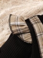New Baby Girl Spring And Autumn Black Checkered Fake Two-piece Big Bow Headband Dress For Daily Outdoor Wear.