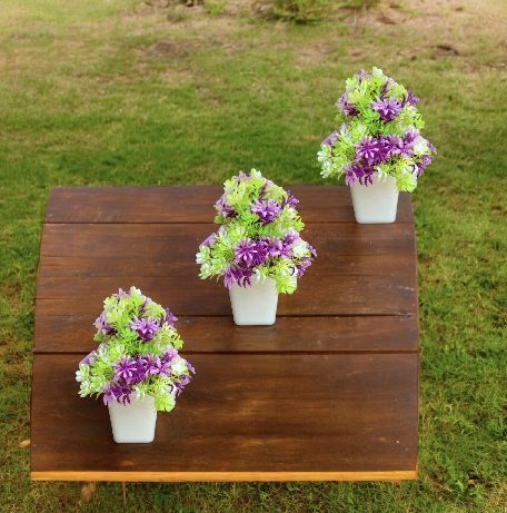 Pack of 3 Light Green and Purple Mini Decorative Plants, Artificial Decoration Pieces with pots/ Best for home & Office Decoration purposes