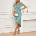 Elegant Satin Summer Dress 2024 Women V-Neck Dress Short Sleeve Satin Maxi Midi Dress Silk V Neck Evening Party Female for Prom.