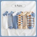 6 Pairs of Women's Spring and Summer Four Season Striped Plaid Fashion Trend Simple and Comfortable Sports Style Socks. 