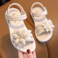Girls Flowers Sandals Kids Sweet Princess Shoes for Party Wedding Kids Leather Sandals French Style Chic Summer Fashion 2024 New Casual Non-Slip.