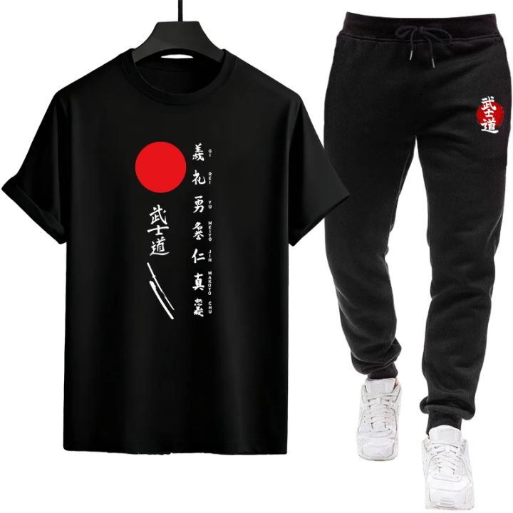Japan Bushido Print T-shirt + Sweatpants Men Tracksuit Urban Casual Fashion Outfit Spring Summer Home Outdoor Comfort Men's Set