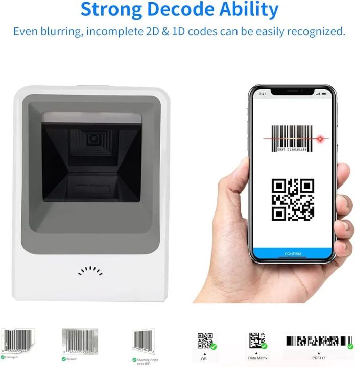 Hands-Free 2D 1D Barcode Scanner, Alacrity QR Omnidirectional Barcode Scanner, Capture Barcodes from Cell Phone Screen, White
