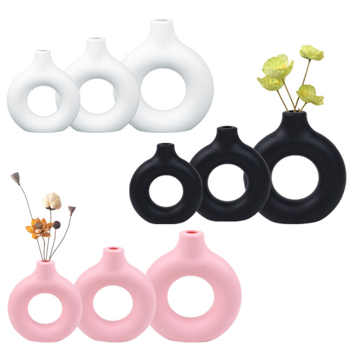 Donut Plastic Vase White Black Pink Cute Round Vase Flowerpot Ornaments for Living Room Dining Table Office Home Decor