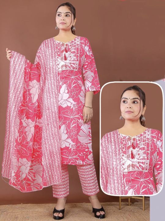 Triding Special Cotton Kurti-Pant with Dupatta – 3 Piece Set
