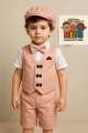 Boys Luxury 5pc Party Wear Set For Eid/Birthday/Wedding/Puja– Peach Vest, Shirt, Shorts, Bow Tie & Cap Dress For Any Occasion.