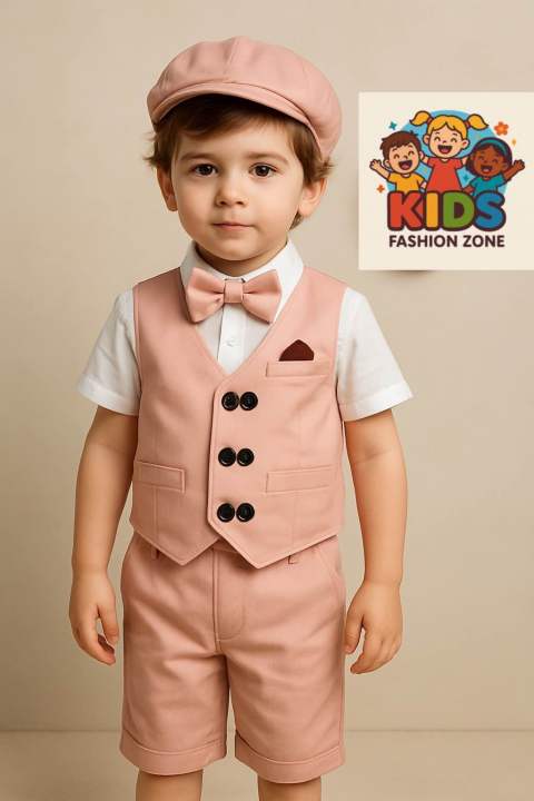 Boys Luxury 5pc Party Wear Set For Eid/Birthday/Wedding/Puja– Peach Vest, Shirt, Shorts, Bow Tie & Cap Dress For Any Occasion