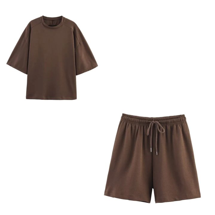 Women%20Summer%20Fashion%202%20Pieces%20Short%20Sets%20Solid%20Loose%20T-Shirt%20and%20High%20Elastic%20Waist%20%20Shorts%20Sportswear%20Female%20Chic%20Lady%20-%20Image%204