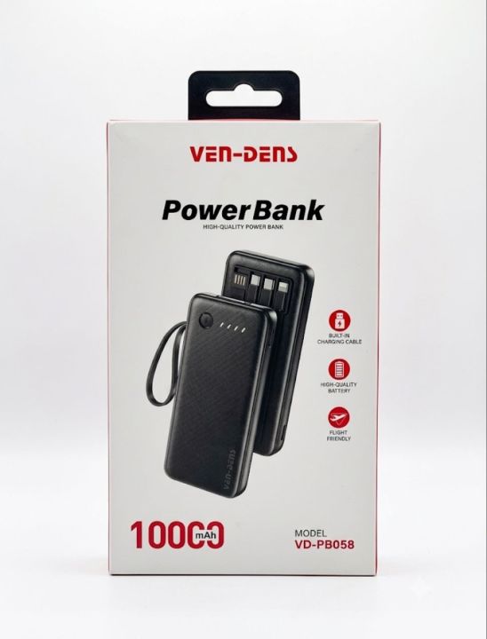 VEN-DENS 10000mAh Power Bank (VD-PB058) - বিল্ট-ইন ক্যাবলসহ হাই-কোয়ালিটি পাওয়ার ব্যাংক